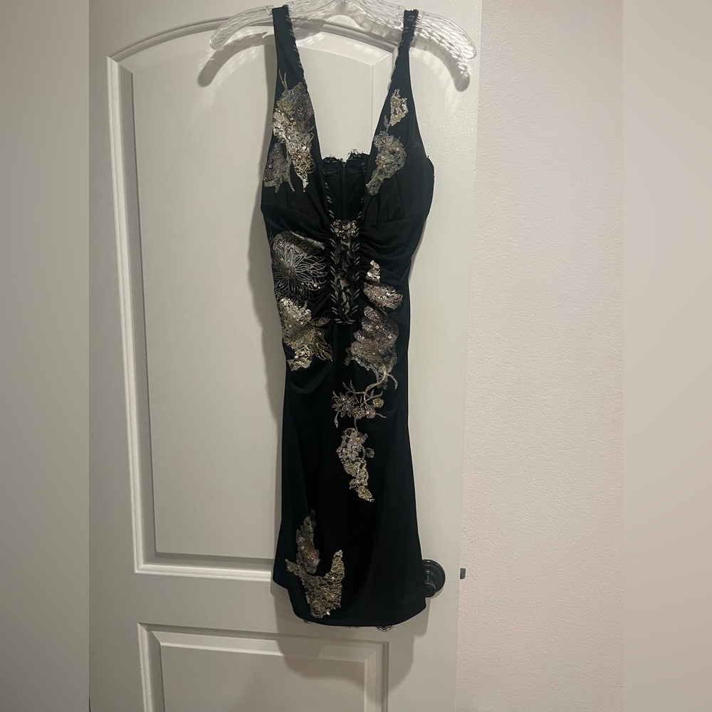 Elegant Black Dress with Gold and Silver Embroidery